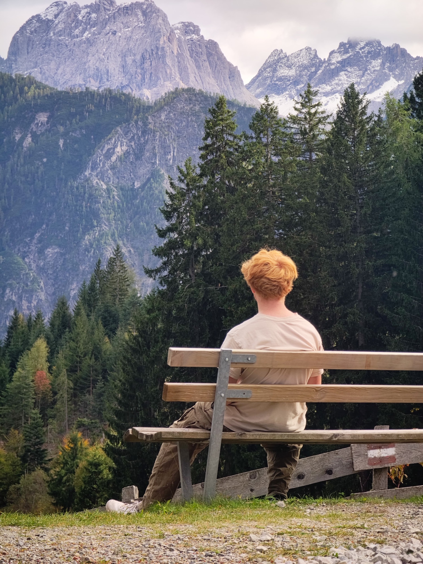 On a bench in Austria, looking at the Alps with a friend met that morning from Germany.