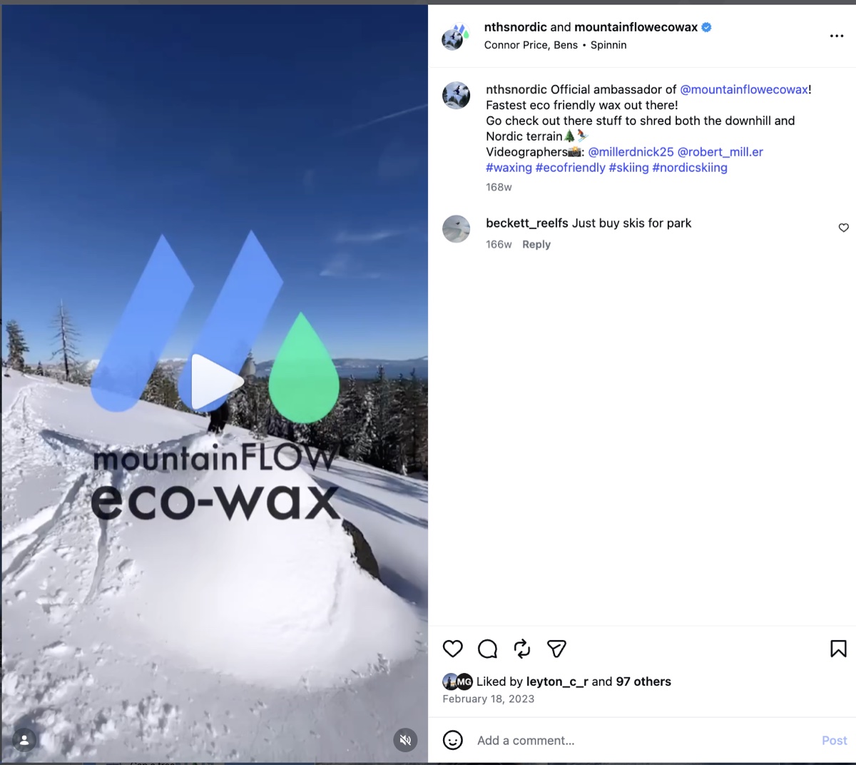 The Instagram page for North Tahoe Nordic showing the MountainFlow Eco Wax sponsorship.